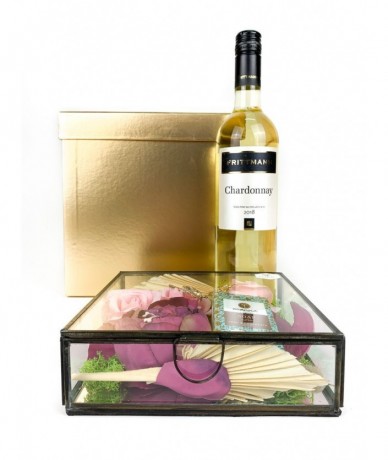 Glass box with gifts and wine - gourmet and design gifts