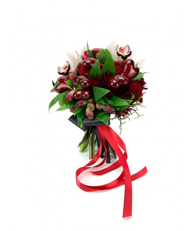 Round red bouquet with hearts and orchids