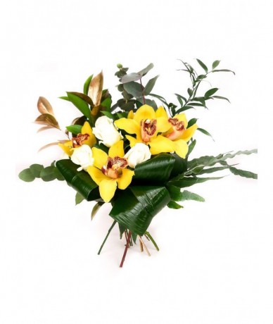 Yellow posy of orchids, roses paired with special greens