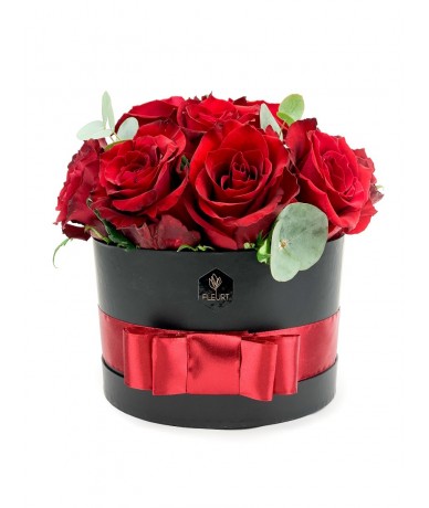Elegant black round flower box with red roses
