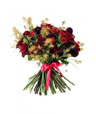 Round bouquet of deep red flowers