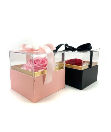 An elegant, clean gift that can be enjoyed for years. Cube box, with a transparent lid, inside a palm-sized rose head.